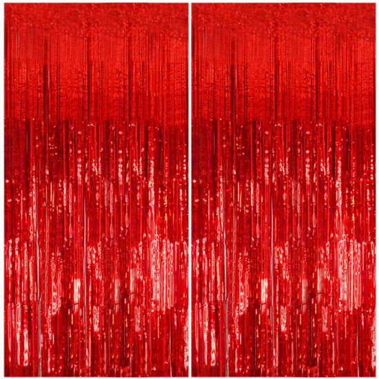Picture of K.E.J. 2 Pack Foil Curtain Backdrop Red Metallic Tinsel Foil Fringe Curtains Photo Booth Props for Birthday Wedding Engagement Baby Shower Bachelorette Christmas Holiday Celebration Party Decorations