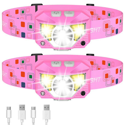 Picture of LHKNL Headlamp Flashlight, 1200 High Lumen Bright LED Rechargeable Headlight with White Red Light, 2-Pack Waterproof Motion Sensor Head Lamp, 8 Mode for Camping Running Hiking Fishing Gear- Pink