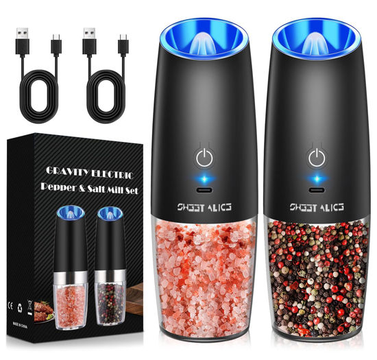 Picture of Sweet Alice Rechargeable Electric Pepper and Salt Grinder Set, No Battery Needed, whit Gravity Sensing Switch and LED Light, One Hand Automatic Operation, Black 2 Pack