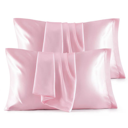 Picture of Bedsure Satin Pillowcase Standard Set of 4 - Pink Silky Pillow Covers for Hair and Skin 20x26 Inches, 4 Pack with Envelope Closure, Similar to Silk Pillow Cases, Gifts for Women Men