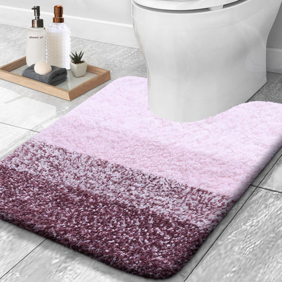 Picture of OLANLY Luxury Toilet Rugs U-Shaped 24x20, Extra Soft and Absorbent Microfiber Bathroom Rugs, Non-Slip Plush Shaggy Bath Mat, Machine Wash Dry, Contour Bathroom Mats for Toilet Base, Mauve