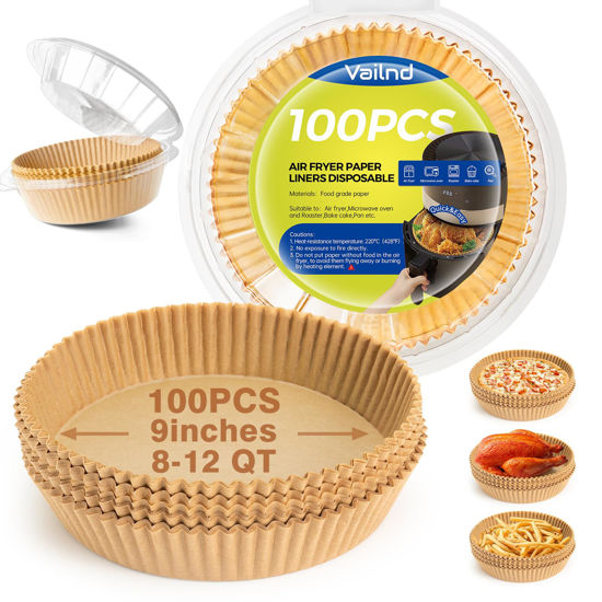 Picture of Vailnd Disposable Air Fryer Paper Liners, 9 Inch Max Xl Large Cooker Airfryer Parchment Paper Liners, 100Pcs Oil Proof Round Basket Bowl Liner Baking Paper for 8-12 QT Air Fryer Microwave