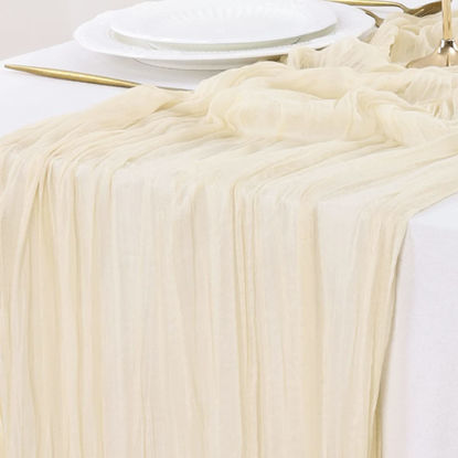 Picture of Socomi Fall Thanksgiving Table Runner Cheesecloth Table Runner 120 inch 10FT Boho Rustic Gauze Table Runner for Wedding Party Baby Shower Fall Decor Beige 15pcs