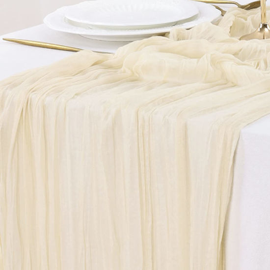 Picture of Socomi Fall Thanksgiving Table Runner Cheesecloth Table Runner 120 inch 10FT Boho Rustic Gauze Table Runner for Wedding Party Baby Shower Fall Decor Beige 15pcs