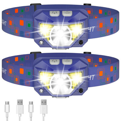 Picture of LHKNL Headlamp Flashlight, 1200 Lumen Ultra-Light Bright LED Rechargeable Headlight with White Red Light,2-Pack Waterproof Motion Sensor Head Lamp,8 Modes for Outdoor Camping Running Fishing- Blue