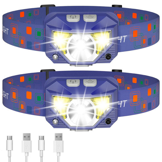 Picture of LHKNL Headlamp Flashlight, 1200 Lumen Ultra-Light Bright LED Rechargeable Headlight with White Red Light,2-Pack Waterproof Motion Sensor Head Lamp,8 Modes for Outdoor Camping Running Fishing- Blue
