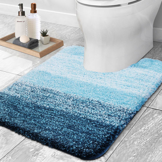 Picture of OLANLY Luxury Toilet Rugs U-Shaped 24x20, Extra Soft and Absorbent Microfiber Bathroom Rugs, Non-Slip Plush Shaggy Bath Mat, Machine Wash Dry, Contour Bathroom Mats for Toilet Base, Peacock Blue