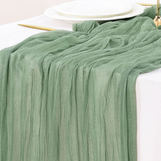 Picture of Socomi Fall Thanksgiving Table Runner Cheesecloth Table Runner Sage Green 120 inch 10FT Boho Rustic Gauze Table Runner for Wedding Party Baby Shower Fall Decor 6pcs