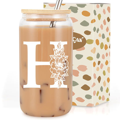 Picture of Coolife Initial Glass Cup, Monogrammed Gifts for Women, 16 oz Glass Cups w/Lids Straws, Iced Coffee, Smoothie Beer Glass Tumbler w/Straw Lid, Personalized Christmas, Birthday Gifts for Her Mom Friend