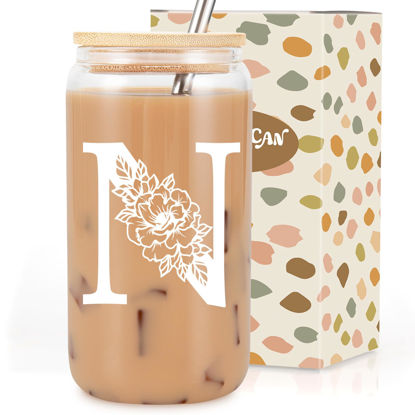 Picture of Coolife Initial Glass Cup, Monogrammed Gifts for Women, 16 oz Glass Cups w/Lids Straws, Iced Coffee, Smoothie Beer Glass Tumbler w/Straw Lid, Personalized Christmas, Birthday Gifts for Her Mom Friend
