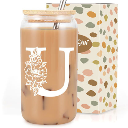 Picture of Coolife Initial Glass Cup, Monogrammed Gifts for Women, 16 oz Glass Cups w/Lids Straws, Iced Coffee, Smoothie Beer Glass Tumbler w/Straw Lid, Personalized Christmas, Birthday Gifts for Her Mom Friend