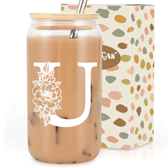 Picture of Coolife Initial Glass Cup, Monogrammed Gifts for Women, 16 oz Glass Cups w/Lids Straws, Iced Coffee, Smoothie Beer Glass Tumbler w/Straw Lid, Personalized Christmas, Birthday Gifts for Her Mom Friend
