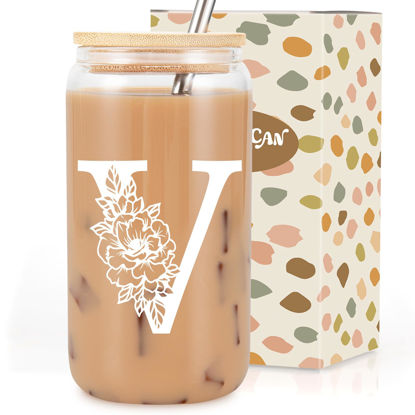 Picture of Coolife Initial Glass Cup, Monogrammed Gifts for Women, 16 oz Glass Cups w/Lids Straws, Iced Coffee, Smoothie Beer Glass Tumbler w/Straw Lid, Personalized Christmas, Birthday Gifts for Her Mom Friend