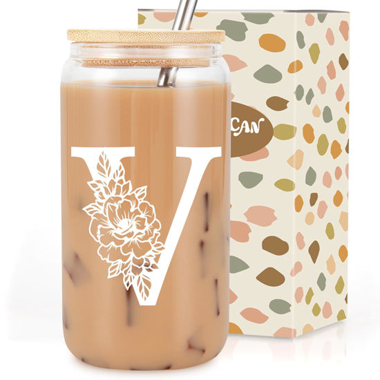 Picture of Coolife Initial Glass Cup, Monogrammed Gifts for Women, 16 oz Glass Cups w/Lids Straws, Iced Coffee, Smoothie Beer Glass Tumbler w/Straw Lid, Personalized Christmas, Birthday Gifts for Her Mom Friend