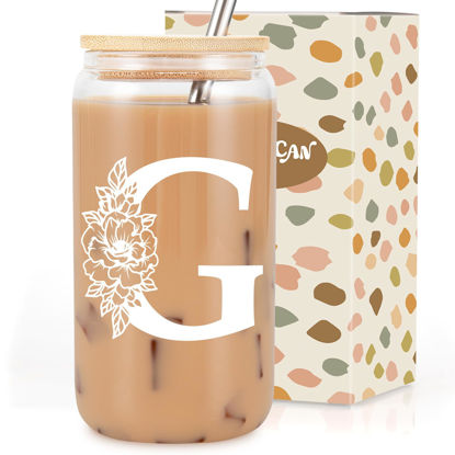 Picture of Coolife Initial Glass Cup, Monogrammed Gifts for Women, 16 oz Glass Cups w/Lids Straws, Iced Coffee, Smoothie Beer Glass Tumbler w/Straw Lid, Personalized Christmas, Birthday Gifts for Her Mom Friend