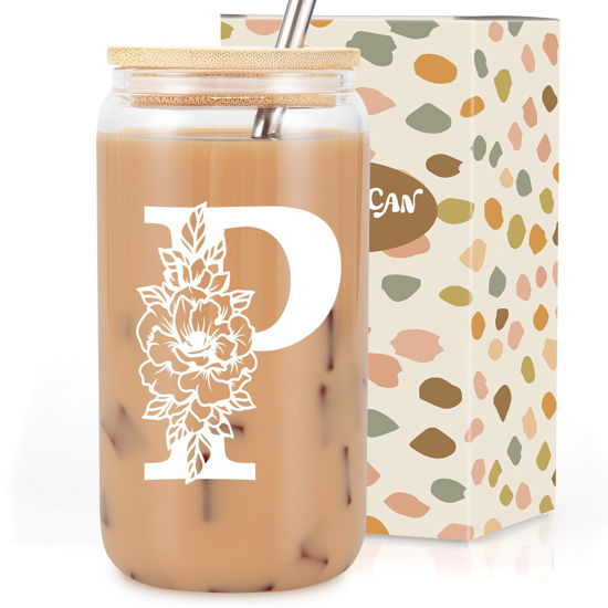 Picture of Coolife Initial Glass Cup, Monogrammed Gifts for Women, 16 oz Glass Cups w/Lids Straws, Iced Coffee, Smoothie Beer Glass Tumbler w/Straw Lid, Personalized Christmas, Birthday Gifts for Her Mom Friend