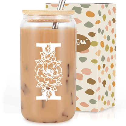 Picture of Coolife Initial Glass Cup, Monogrammed Gifts for Women, 16 oz Glass Cups w/Lids Straws, Iced Coffee, Smoothie Beer Glass Tumbler w/Straw Lid, Personalized Christmas, Birthday Gifts for Her Mom Friend