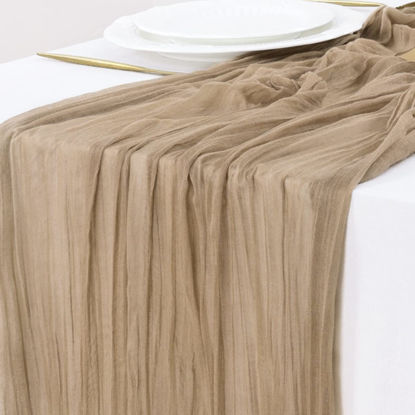 Picture of Socomi Fall Thanksgiving Table Runner Cheesecloth Table Runner 120 inch 10FT Boho Rustic Gauze Table Runner for Wedding Party Baby Shower Fall Decor Nude 6pcs