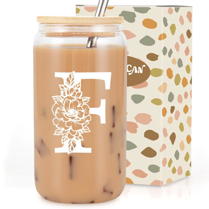 Picture of Coolife Initial Glass Cup, Monogrammed Gifts for Women, 16 oz Glass Cups w/Lids Straws, Iced Coffee, Smoothie Beer Glass Tumbler w/Straw Lid, Personalized Christmas, Birthday Gifts for Her Mom Friend