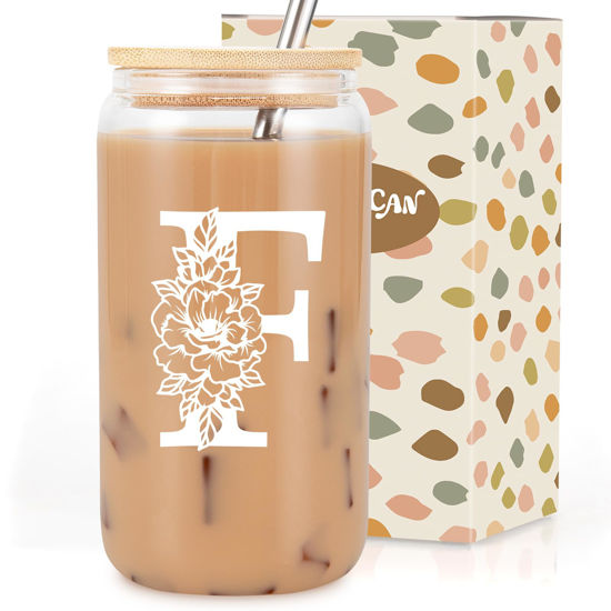 Picture of Coolife Initial Glass Cup, Monogrammed Gifts for Women, 16 oz Glass Cups w/Lids Straws, Iced Coffee, Smoothie Beer Glass Tumbler w/Straw Lid, Personalized Christmas, Birthday Gifts for Her Mom Friend
