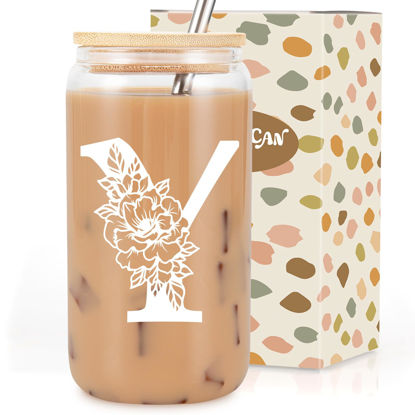 Picture of Coolife Initial Glass Cup, Monogrammed Gifts for Women, 16 oz Glass Cups w/Lids Straws, Iced Coffee, Smoothie Beer Glass Tumbler w/Straw Lid, Personalized Christmas, Birthday Gifts for Her Mom Friend