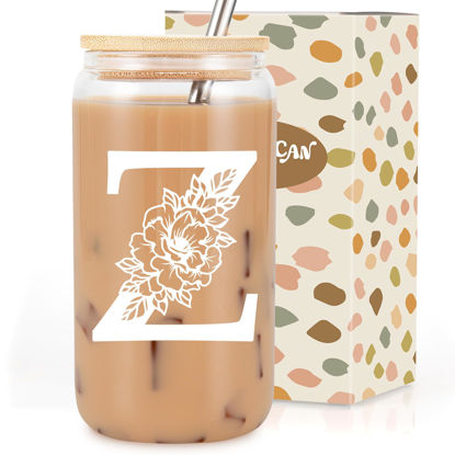 Picture of Coolife Initial Glass Cup, Monogrammed Gifts for Women, 16 oz Glass Cups w/Lids Straws, Iced Coffee, Smoothie Beer Glass Tumbler w/Straw Lid, Personalized Christmas, Birthday Gifts for Her Mom Friend