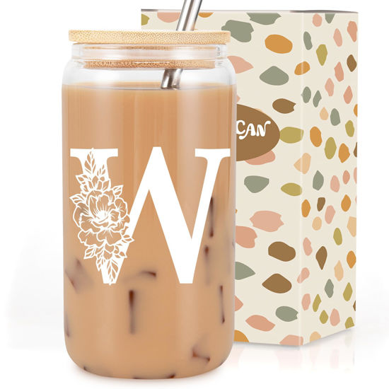 Picture of Coolife Initial Glass Cup, Monogrammed Gifts for Women, 16 oz Glass Cups w/Lids Straws, Iced Coffee, Smoothie Beer Glass Tumbler w/Straw Lid, Personalized Christmas, Birthday Gifts for Her Mom Friend