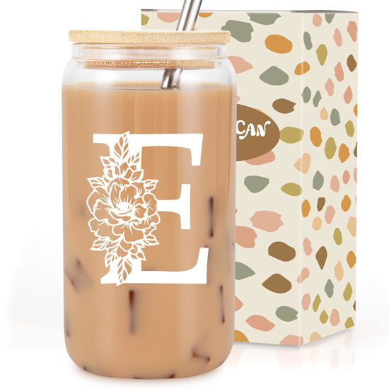 Picture of Coolife Initial Glass Cup, Monogrammed Gifts for Women, 16 oz Glass Cups w/Lids Straws, Iced Coffee, Smoothie Beer Glass Tumbler w/Straw Lid, Personalized Christmas, Birthday Gifts for Her Mom Friend