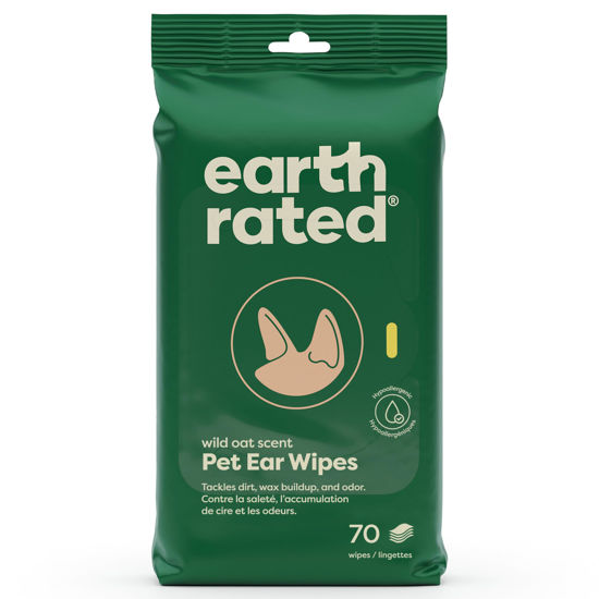 Picture of Earth Rated Pet Ear Wipes, Hypoallergenic Cleaner for Dogs & Cats Ears to Remove Dirt and Wax Build Up, Wild Oat Scent, 70 Count