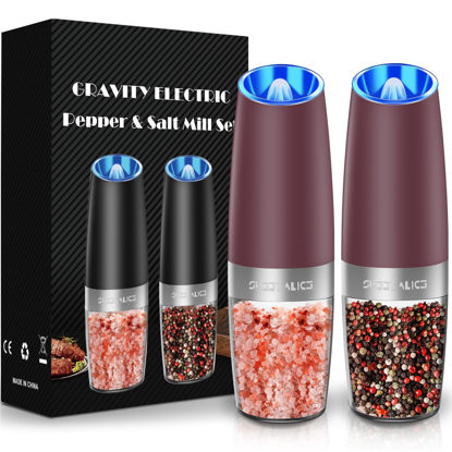 Picture of Sweet Alice Gravity Electric Pepper and Salt Grinder Set, Adjustable Coarseness, Battery Powered with LED Light, One Hand Automatic Operation, rose Red, 2 Pack