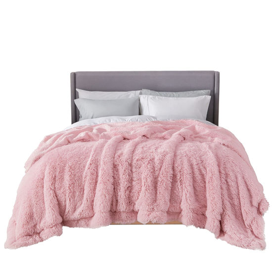 Picture of Bedsure Soft Pink Blankets Queen Size for Bed, Fluffy Fuzzy Blankets for Full Queen Bed, Cozy Plush Sherpa Fleece Faux Fur Blanket for Winter, Thick Warm Blanket Gifts for Women, Girls, 90x90