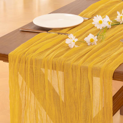 Picture of Socomi Gold Yellow Table Runner Spring Easter Cheesecloth Table Runner 120 inch Cheese Cloth Runner 10FT Boho Rustic Gauze Table Runner for Wedding Party Baby Shower Birthday Decor