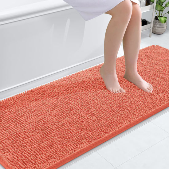 Picture of OLANLY Bathroom Rugs 70x24, Extra Soft Absorbent Chenille Bath Rugs, Rubber Backing Quick Dry, Machine Washable Bath Mats for Bathroom Floor, Tub and Shower, Home Decor Accessories, Coral