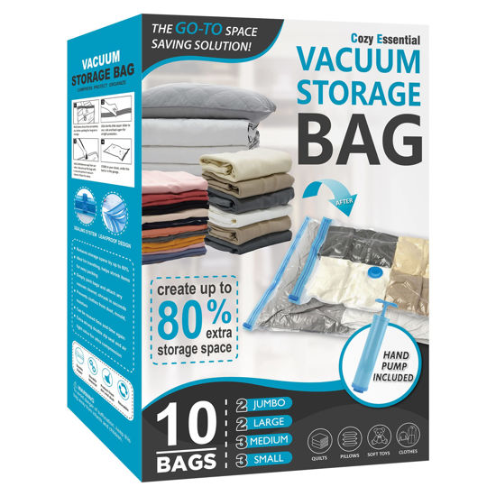 Picture of 10 Pack Vacuum Storage Bags, Space Saver Bags (2 Jumbo/2 Large/3 Medium/3 Small) Compression Storage Bags for Comforters and Blankets, Vacuum Sealer Bags for Clothes Storage, Hand Pump Included