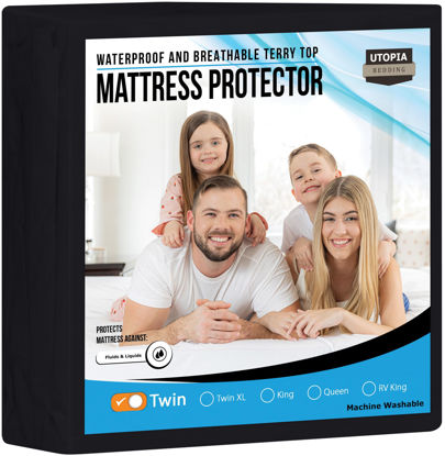 Picture of Utopia Bedding Waterproof Mattress Protector Twin Size, Premium Terry Mattress Cover 200 GSM, Breathable, Fitted Style with Stretchable Pockets (Black)