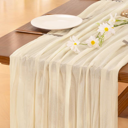 Picture of Socomi Beige Cheesecloth Table Runner Spirng Easter 120 inch Cheese Cloth Runner 10FT Boho Rustic Gauze Table Runner for Wedding Party Baby Shower Decor