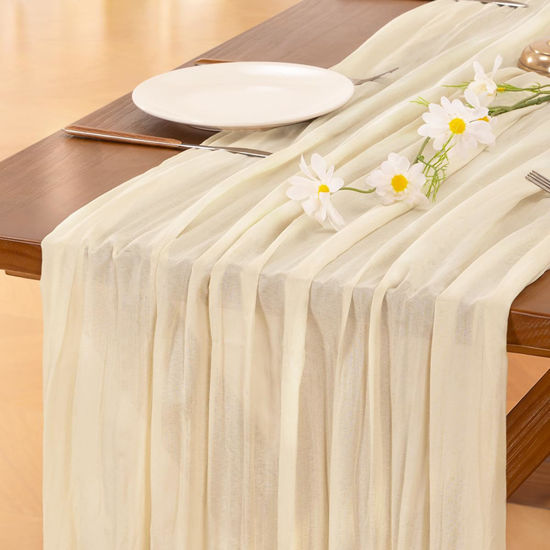Picture of Socomi Beige Cheesecloth Table Runner Spirng Easter 120 inch Cheese Cloth Runner 10FT Boho Rustic Gauze Table Runner for Wedding Party Baby Shower Decor