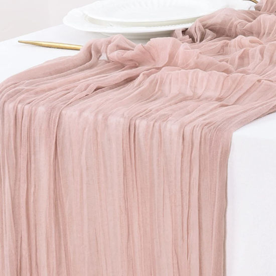 Picture of Socomi Fall Thanksgiving Table Runner Cheesecloth Table Runner 120 inch 10FT Boho Rustic Gauze Table Runner for Wedding Party Baby Shower Fall Decor Dusty Pink 15pcs
