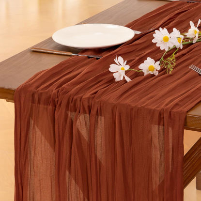Picture of Socomi Terracotta Table Runner Spring Easter Cheesecloth Table Runner 120 inch Cheese Cloth Runner 10FT Boho Rustic Gauze Table Runner for Wedding Party Baby Shower Birthday Decor