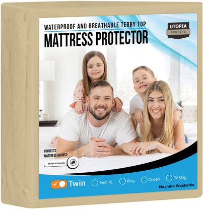 Picture of Utopia Bedding Waterproof Mattress Protector Twin Size, Premium Terry Mattress Cover 200 GSM, Breathable, Fitted Style with Stretchable Pockets (Beige)