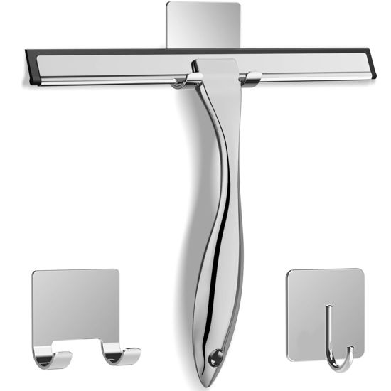 Picture of All-Purpose Stainless Steel Shower Squeegee for Shower Glass Door with 2 Adhesive Hooks, Bathroom Cleaner Tool Household Window Mirror Squeegee for Glass Doors, Cleaning Tile Wall, Car, 14 Inch Silver
