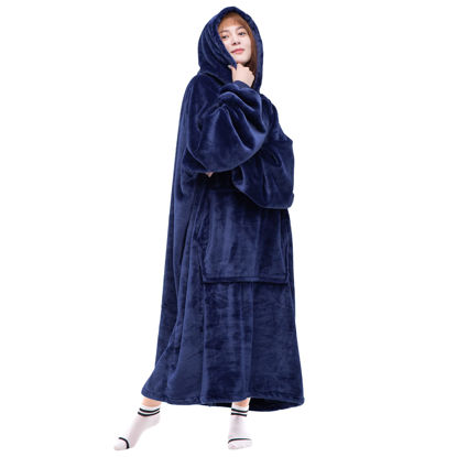 Picture of Waitu Wearable Blanket Sweatshirt Gifts for Women and Men, Warm and Cozy Giant Blanket Hoodie, Thick Flannel Blanket with Sleeves and Giant Pocket - Navy