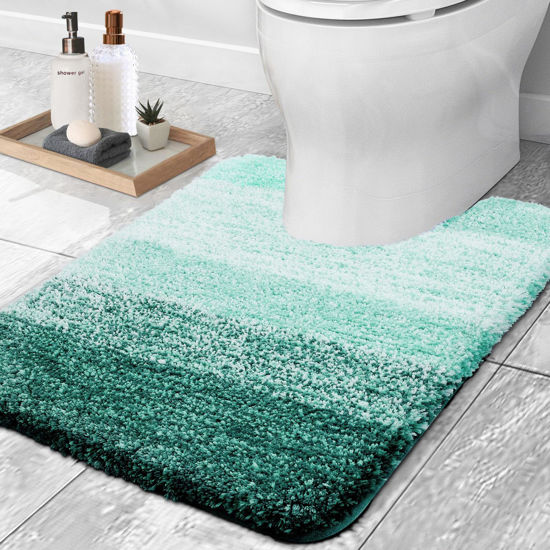 Picture of OLANLY Luxury Toilet Rugs U-Shaped 24x20, Extra Soft and Absorbent Microfiber Bathroom Rugs, Non-Slip Plush Shaggy Bath Mat, Machine Wash Dry, Contour Bathroom Mats for Toilet Base, Blackish Green