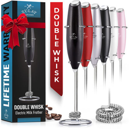 Picture of Zulay Kitchen Powerful Double Whisk Milk Frother Handheld - Foam Maker With Stand - Whisk Drink Mixer for Coffee, Mini Foamer for Latte, Matcha, Frappe, Hot Chocolate & Cappuccino (Metallic Black)