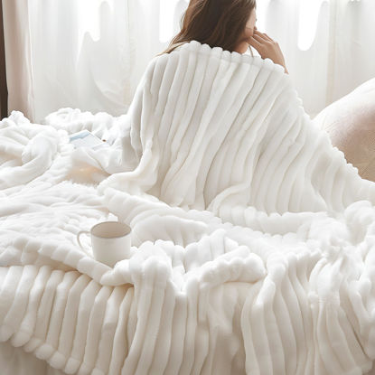 Picture of Bedsure King Size Blanket for Bed - GentleSoft Cozy Soft Blankets for Women, Cute Large Fleece Throws for Girls, Off White, 108x90 Inches