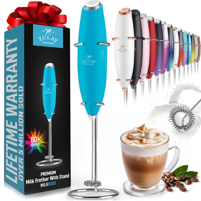 Picture of Zulay Kitchen Powerful Milk Frother Wand - Ultra Fast Handheld Drink Mixer - Electric Whisk Foam Maker for Coffee, Lattes, Cappuccino, Frappe, Matcha & Coffee Creamer - Milk Boss Blue Teal