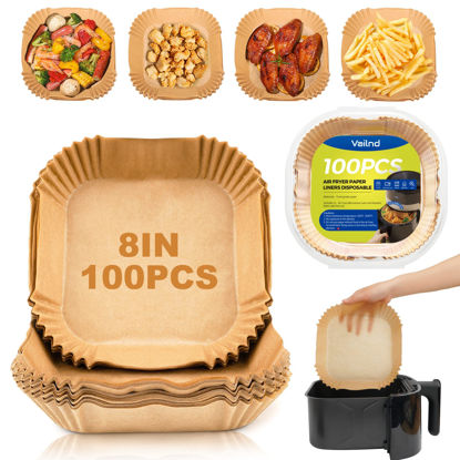 Picture of Air Fryer Paper Liners: 100Pcs Parchment Paper, 8" Air Fryer Disposable Paper Liner for Microwave, Non-Stick Square Air Fryer Basket Liner