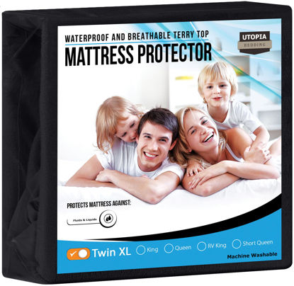 Picture of Utopia Bedding Waterproof Mattress Protector Twin XL Size, Premium Terry Mattress Cover 200 GSM, Breathable, Fitted Style with Stretchable Pockets (Black)