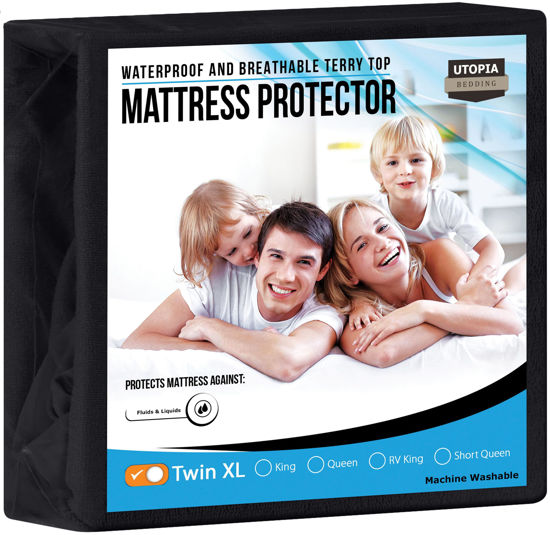 Picture of Utopia Bedding Waterproof Mattress Protector Twin XL Size, Premium Terry Mattress Cover 200 GSM, Breathable, Fitted Style with Stretchable Pockets (Black)