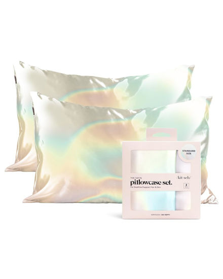 Picture of Kitsch Satin Pillowcase with Zipper for Hair and Skin Queen Size, Softer Than Silk Pillow Cases, 2 Pack Cooling Pillow Covers, Machine Washable, Satin Pillow Cases Standard Size Set of 2 19"x26", Aura